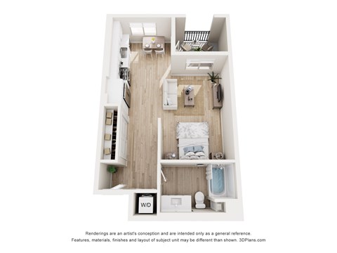 A 3D floor plan of a small apartment with a kitchen, living room, and bathroom.